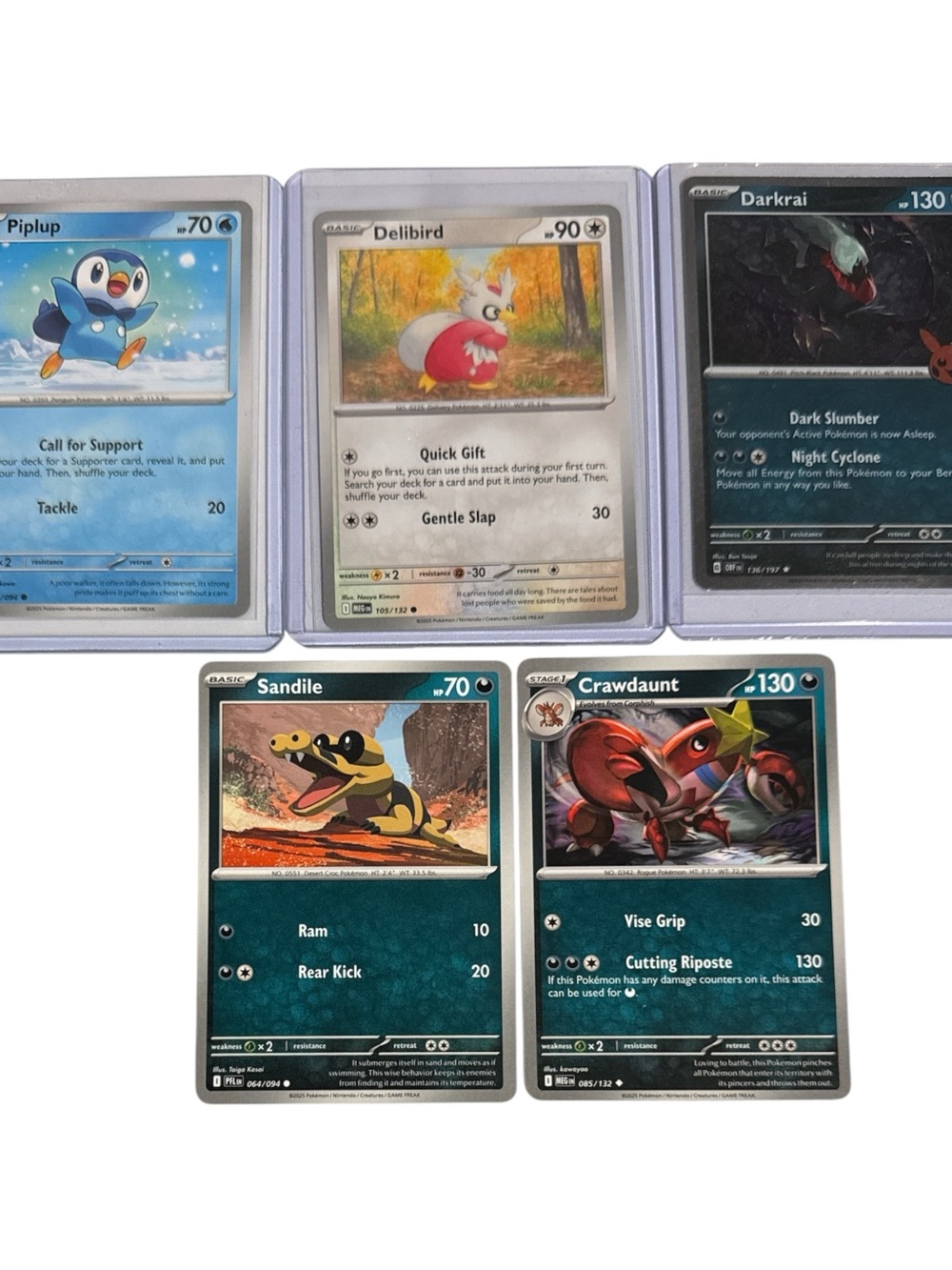 Pokemon Trading Cards (5): Piplup Delibird Darkrai Crawdaunt & Sandile